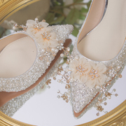 法式婚鞋新娘鞋2024高跟鞋，女细跟秀禾两穿不累脚主婚纱水晶鞋