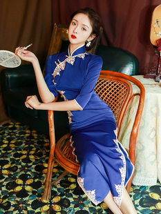 宝蓝色旗袍复古中国风长款女改良版，长袖气质名媛，老上海连衣裙长款