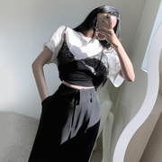 韩国东大门时尚设计感假两件拼接蕾丝吊带衫宽松百搭短袖T恤女