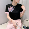中式女装国风盘扣T恤女短袖夏季时尚刺绣纯棉上衣修身半袖体恤衫
