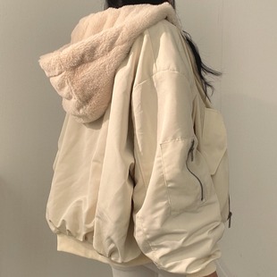 韩国chic休闲气质宽松加绒加厚两面穿羊羔毛棉服(毛，棉服)女外套秋冬季棉衣