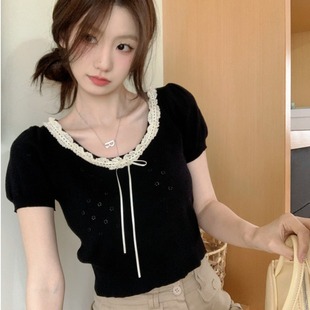 夏季蕾丝花边黑色短袖t恤衫女设计感韩系chic别致绝美甜辣小上衣