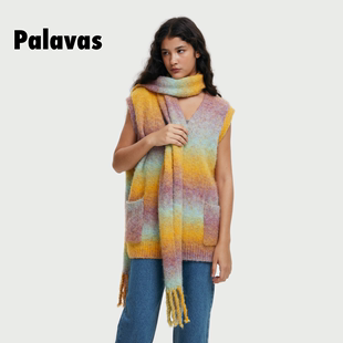 palavas秋冬油画少女系列流动莫兰迪马甲，围巾两件套撞色针织衫