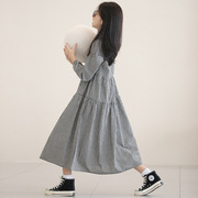 韩国女童文艺复古黑白小格子连衣裙2024春季儿童长袖洋气公主裙子