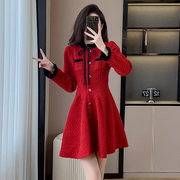 法式小香风红色连衣裙秋冬季2023年女高级感气质名媛显瘦裙子