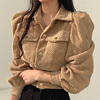 韩国chic秋季复古翻领灯芯绒泡泡袖羊羔绒设计感小众衬衫短外套女