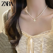 ZARA法式复古玫瑰花牌吊坠珍珠项链女轻奢小众高级锁骨链配饰品