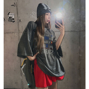 韩国女装LAG2023夏季宽松时尚潮款字母印花圆领短袖中长款T恤
