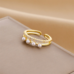 小众设计ing个性高级戒指，女轻奢珍珠锆石开口戒指，女饰品指环