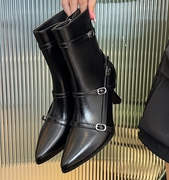 欧美靴子2023年秋冬季黑色，尖头高跟短靴女细跟百搭中筒时装靴