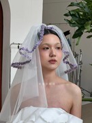 头纱新娘主婚纱短款蓬蓬纱紫色蕾丝花边结婚登记领证婚礼头饰超仙