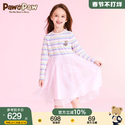 PawinPaw卡通小熊童装2023年夏季女童条纹网纱连衣裙公主裙