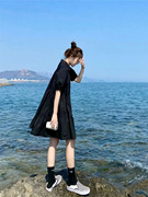 宽松显瘦休闲连衣裙子女夏2023法式复古设计感小众褶皱小黑裙