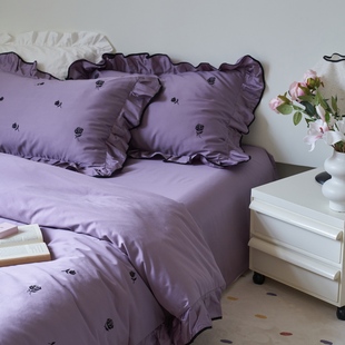 玫瑰紫法式浪漫100支长绒棉全棉四件套 花边款纯棉床单床笠4件套