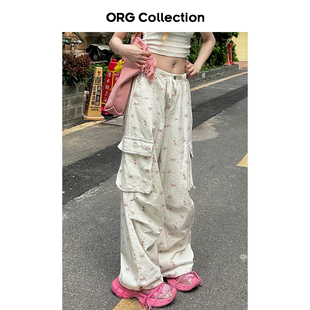 orgcollection玫瑰印花工装裤，女款束腰宽松口袋白色阔腿裤