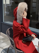 ICICLE之禾2024红色双面羊绒大衣女冬季连帽毛领外套