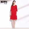 裙子女夏季2024v领开叉，中袖高端气质，收腰显瘦红色雪纺连衣裙