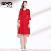 裙子女夏季2024v领开叉中袖高端气质收腰显瘦红色雪纺连衣裙