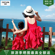 亲子装炸街海边度假母女装夏装，裙子小众设计吊带连衣裙红色沙滩裙