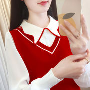 假两件polo领雪纺，袖女士早春2024设计感本命年红色拼色针织衫