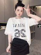 RR fashion 短袖T恤女2024夏季中长款重工蕾丝拼接圆领上衣