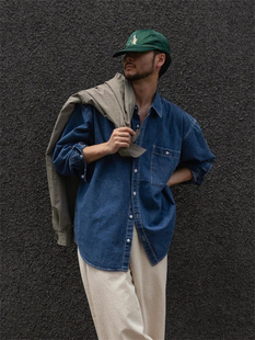 MRDONG韩国男装高档面料水洗磨白重工慵懒风宽松长袖牛仔衬衫