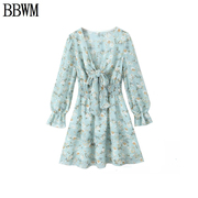 BBWM  欧美女装时尚休闲雪纺印花长袖收腰连衣裙
