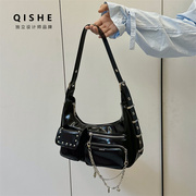 奇设qishe品牌原创女包铆钉，机车复古潮流多口袋腋下手提单肩包袋