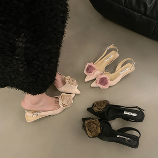 法式优雅浅口花朵单鞋，女2024夏季粉红色，气质小个子细跟高跟鞋