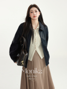 摩妮卡大码长袖韩版翻领皮衣，秋季女装胖mm宽松夹克开衫外套