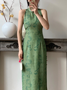 复古显白绿色改良旗袍新中式无袖旗袍连衣裙2023女夏蕾丝拼接长裙