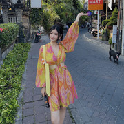 巴厘岛三亚海边度假ins风沙滩裙 欧美性感长袖显瘦氛围感连衣裙