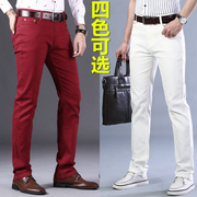 夏季款白色男士牛仔裤酒红色修身直筒弹力纯棉彩色商务休闲长裤子