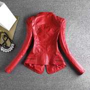 红色皮衣女短款2024年春秋，加厚机车时尚，修身冬季pu皮夹克外套