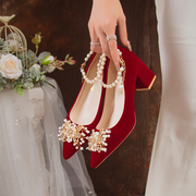 一字带婚鞋女粗跟红色结婚鞋舒适孕妇婚纱秀禾服两穿不累脚高跟鞋