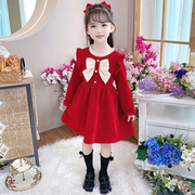 女童公主裙春秋季宝宝红色连衣裙洋气长袖儿童裙子甜美小女孩童装