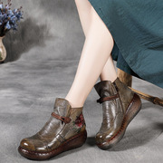 坡跟短靴2021秋冬民族风绣花牛皮，松糕女靴复古软皮，厚底单靴子(单靴子)