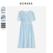 直降gcrues蓝色连衣裙女2024年夏季法式长裙收腰V领裙子