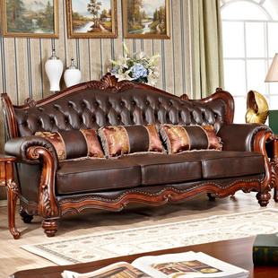 美式实木真皮沙发客厅复古皮艺沙发，组合别墅雕花沙发欧式奢华家具