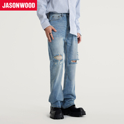 Jasonwood/坚持我的春秋直筒破洞水洗牛仔裤宽松修身高街潮流长裤