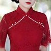新中式温婉优雅淑女范红色(范，红色)蕾丝旗袍2023年春夏，改良短袖年轻款
