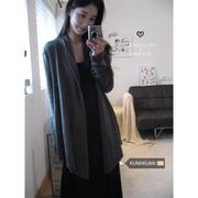 kumikumi灰色长袖针织开衫，外套女2024早春气质中长款宽松显瘦上衣