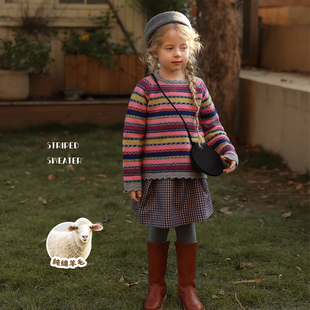 女童纯绵羊毛显白气质复古条纹，花边领毛衣，允儿妈宝宝秋冬针织衫