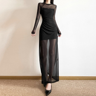 法式简约网纱压褶拼接修身裙春夏假两件设计感黑色显瘦连衣裙