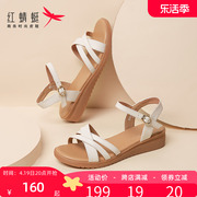 红蜻蜓凉鞋女2024年夏季女凉鞋真皮软底舒适坡跟中年妈妈凉鞋