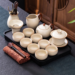 米黄汝窑茶具套装，轻奢高档家用功夫茶具喝茶盖碗，茶壶茶杯中式茶盘