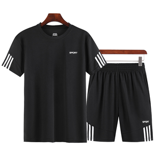 运动套装男夏季休闲两件套健身服，晨跑跑步速，干衣宽松圆领t恤短袖
