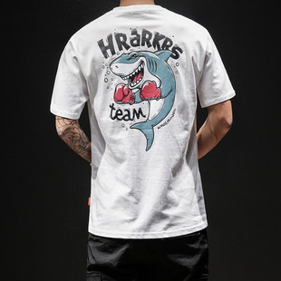 夏季卡通鲨鱼拳击手印花短袖男士，t恤青年，健身运动汗衫潮流tee