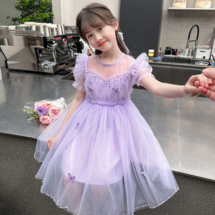 女童连衣裙夏装韩版超洋气纱裙，中大童裙子夏季时尚，紫色儿童公主裙