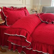 中国红婚庆水洗棉绗缝，四件套加厚韩式床裙床盖，百褶荷叶边双人被套